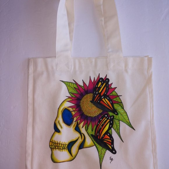 Hand-Painted Skull Tote Bag: Sunflower & Butterfly Art 14x13x7 - Picture 13 of 16